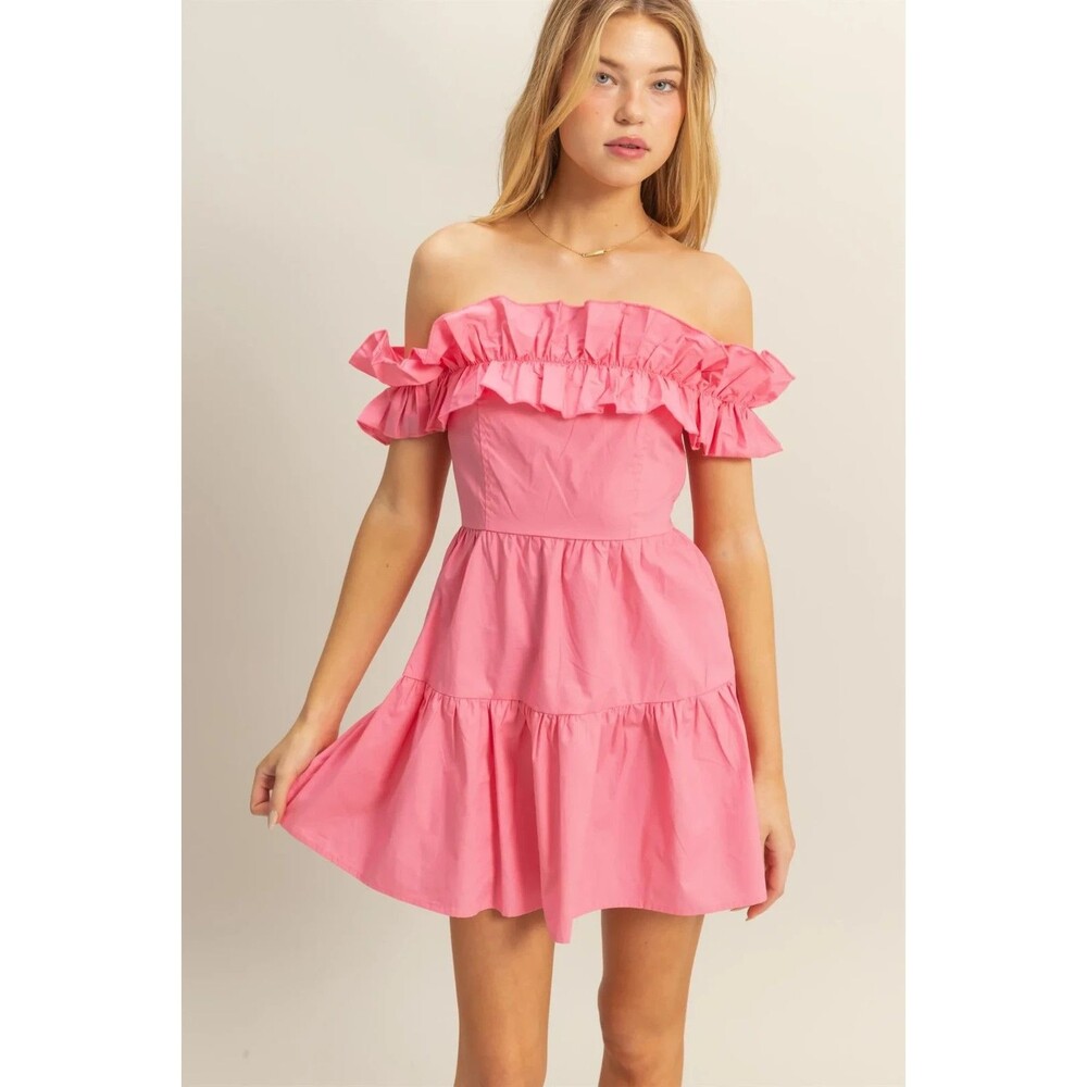 HYFVE Pink Spring Ruffle Off the Shoulder Mini Dress NEW